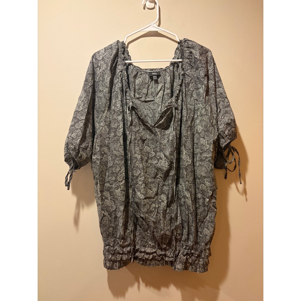 Mossimo Plus Size 24/26 Gray Floral Tie Neck Tunic Peasant Folk Boho Top